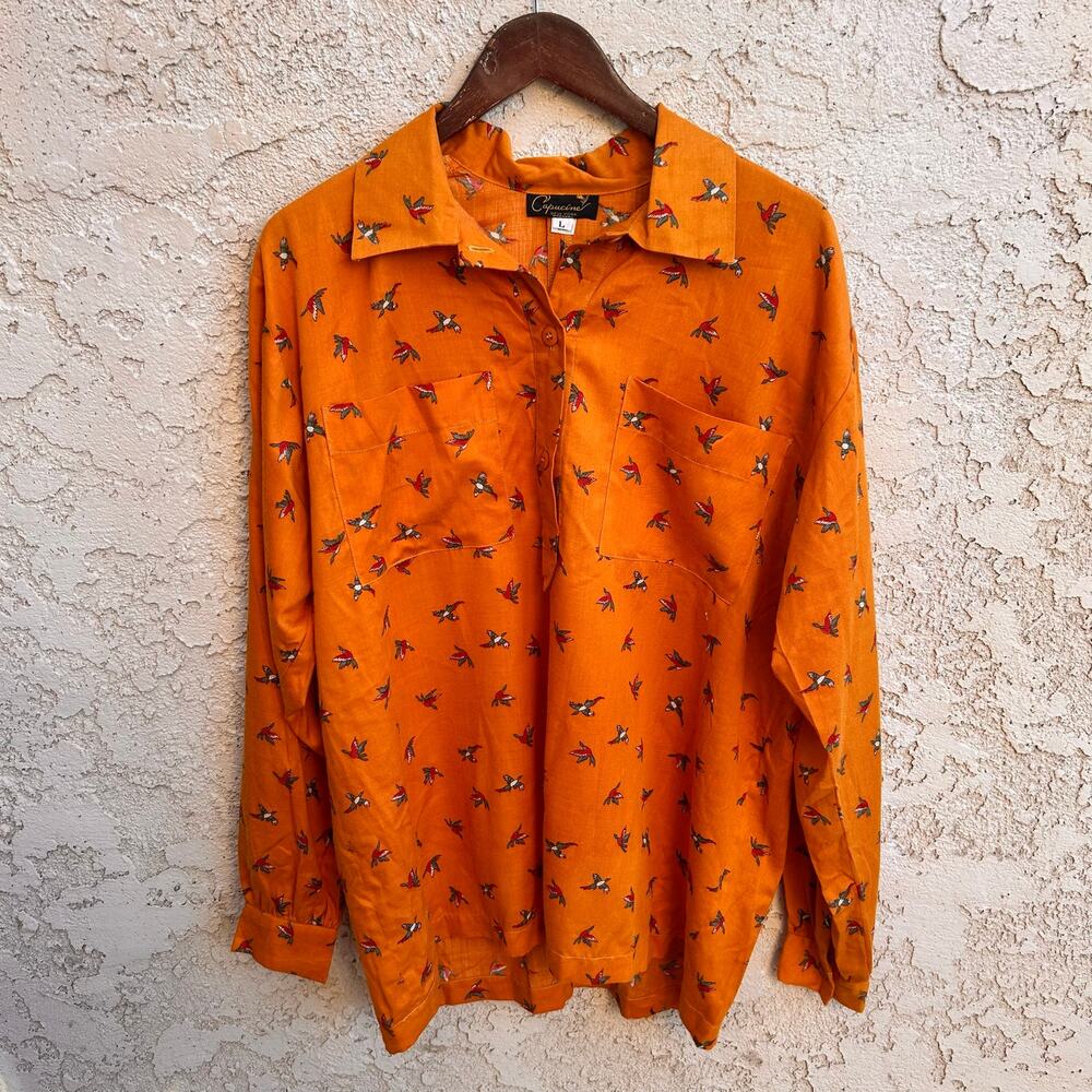 Vintage 70s Capucine Novelty Duck Bird Print Orange Blouse Shirt Size L